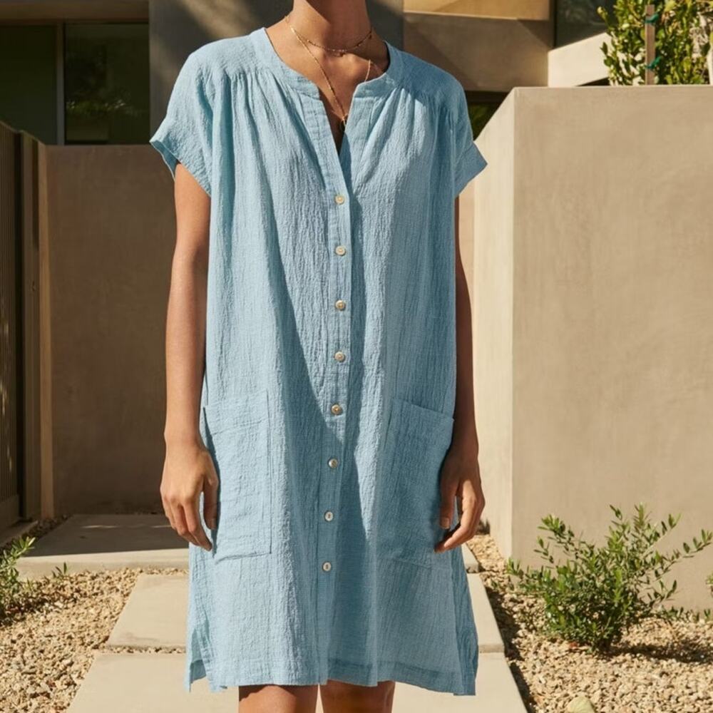 Wrap London Short Sleeve Shirt Dress Linen Cotton Ocean Blue Women's 10 Pockets